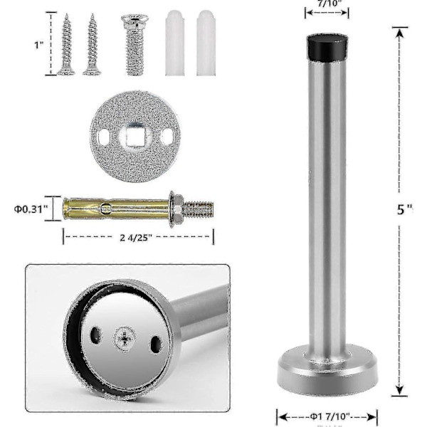 Dørstoppere, 15 cm lang dørstopper, veggmontering, kraftig solid svart dørstopper børstet rustfritt stål med myke gummistøtfangertupper - Perfekt Silver 5 Inch