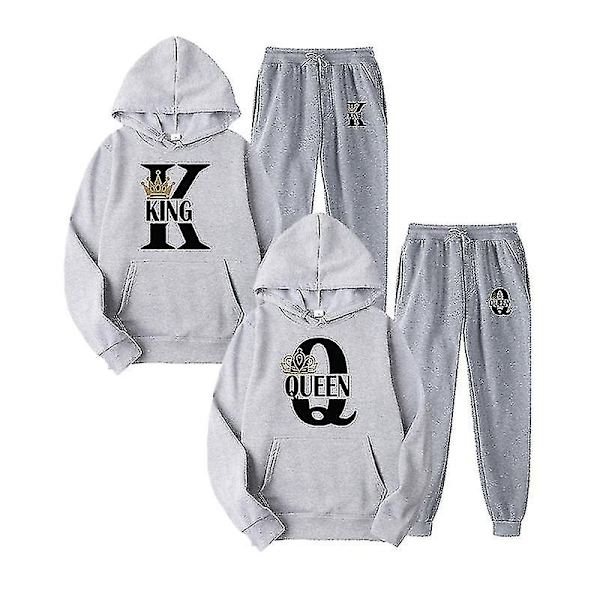 2023 Mode Par Sweatshirt Kung & Drottning Tryckt Par Hoodie Set med Huva och Byxor 2-pack Streetwear Kläder för Män och Kvinnor - Perfekt Gray Queen 2 M