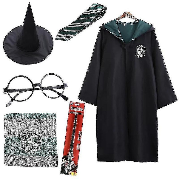 7 st/set för Magic Wizard Maskerad Cape Mantel Hogwarts Skoluniform-Perfekt 6Pcs Green Aldut S
