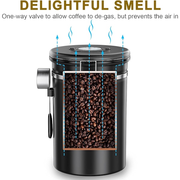 Lufttæt kaffedåse 1 kg - kaffebønnebeholder i rustfrit stål med CO2-ventil - med måleske (2,8 L sort) - Perfet