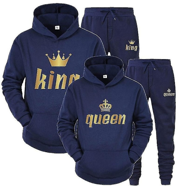 2023 Muotipari Huppareita Kuningas Kuningatar Painettu Rakastavaiset Hupparit ja Housut 2 osaa Setti Katutyyli Miehet Naiset Vaatteet-Täydellinen Navy Blue King L