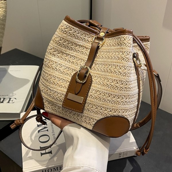 Dameveske Snøring Halm Skuldervesker for kvinner Håndvesker Sommerstrandrotting Boho Vevd bøtte Veving Håndlaget Casual Crossbody- Perfet Beige 19x18x14cm