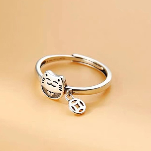 S925 Silver Koppar Mynt Lucky Cat Retro Justerbart pekfinger - Perfet