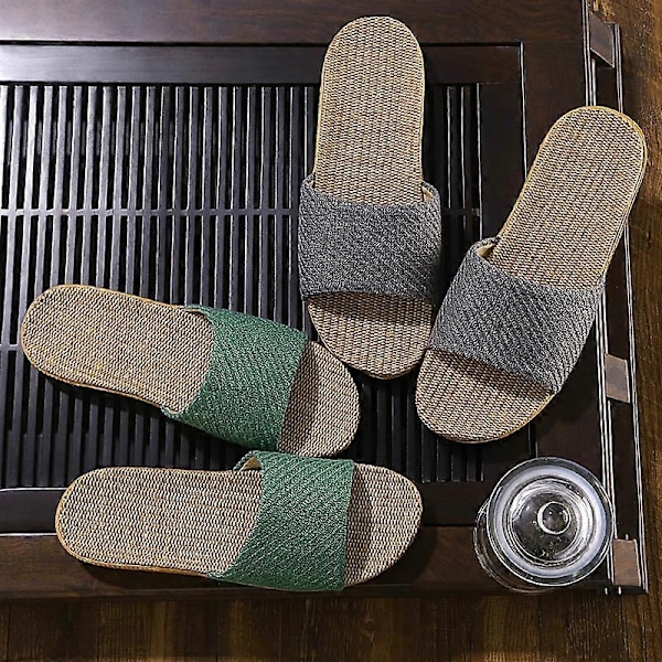 Par slippers i linned til hjemmet - tatami, trægulv, halm, rattan, sommer, skridsikker, indendørs - perfekt Black Gray 42-43