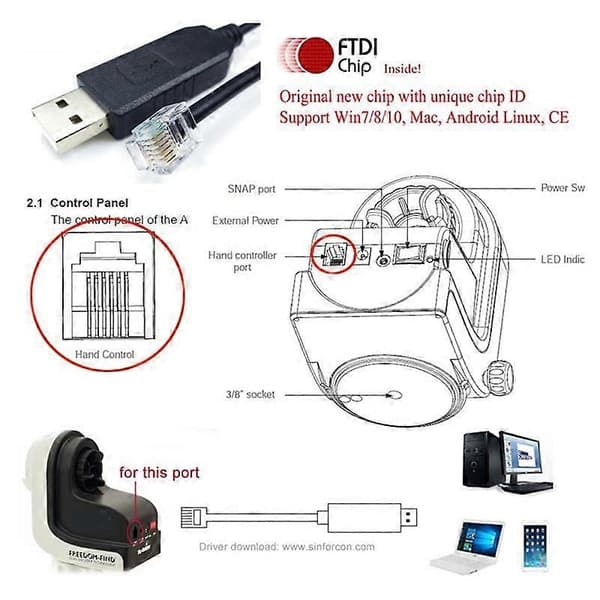 USB - Rj11 Rj12 6P4C -sovitin sarjaohjauskaapeli EQMOD-kaapeli - Mount Pc:lle käsiohjaukseen Cabl-Perfet