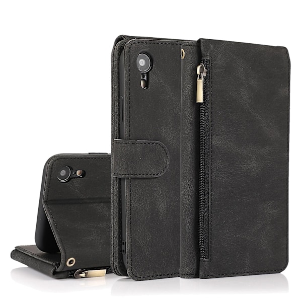 Kompatibel med iPhone Xr Cover, 8 Kort Slots Retro Læder Wallet Stødsikkert Flip Kickstand Cover med Lynlåslomme-Perfet Black