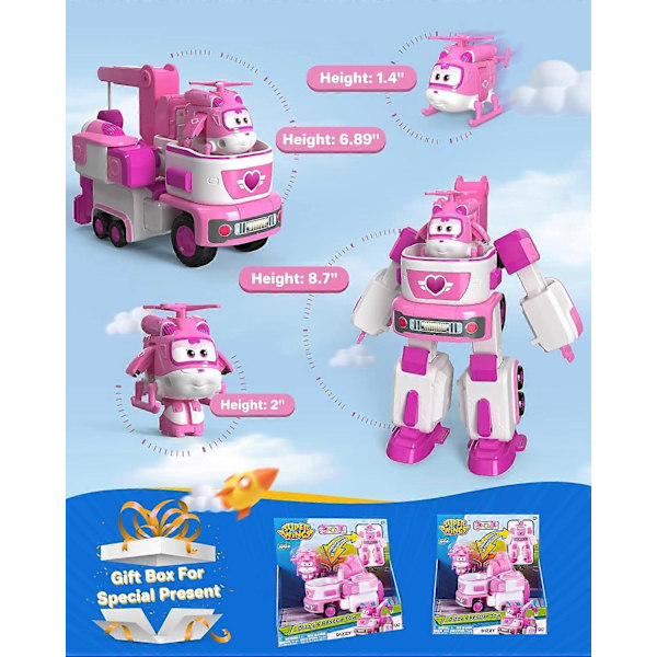 Super Wings - 7' Dizzys redningsbil med 2' Rosa Transform-a-Bot Mini Figur, Transformerende Flyleke - Perfekt