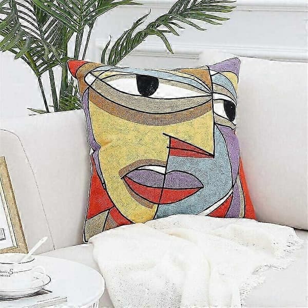 Broderede dekorative pyntepuder, bløde og hudvenlige, skandinavisk design linned pudebetræk til sofa, seng, Picasso design - Perfet