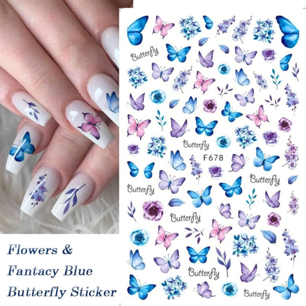 5 STK 3D Butterfly Nail Art Stickers Selvklebende Nail Decals Fargerike Butterfly Nail Stickers Blomster Design for kvinner Jenter Nail- Perfet