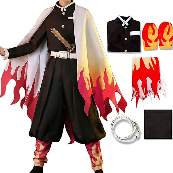 Demon Slayer Rengoku Kyoujurou Cosplay-asu - Kimono-asu, Yksipuolinen Asuste Halloween-juhliin, Anime-roolipeli, Hieno Pukeutumiskokonaisuus - Täydellinen Outfits M