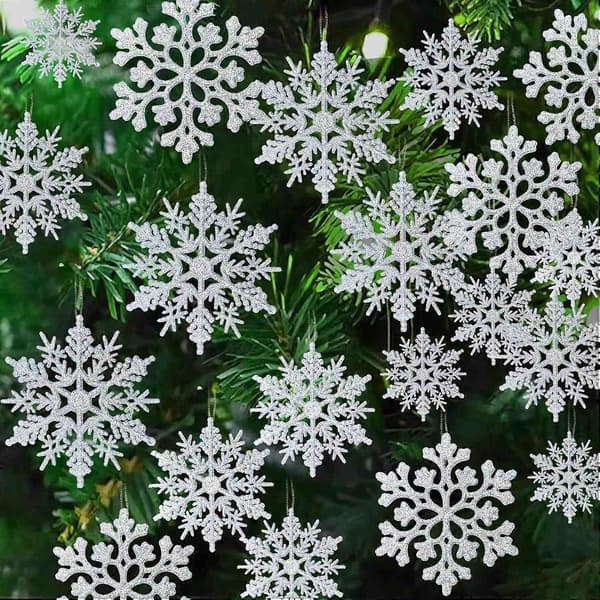 36 Snøfnugg - Juletrepynt, Snøfnuggpynt til Grantre, Hvite Snøfnuggpynt i Plast med Glitter, Perfekt til Innendørs Julepynt