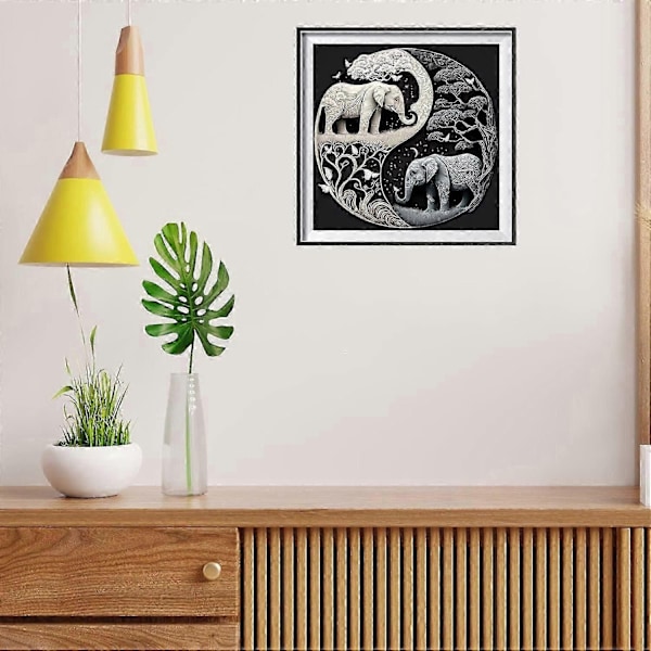 Laadukas 5D timanttimaalaussarja, Yin Yang Panda/Lohikäärme/Riikinkukko/Norsu DIY täysi pyöreä timantti, kodin seinäkoriste 30x30cm - Täydellinen A - Elephant