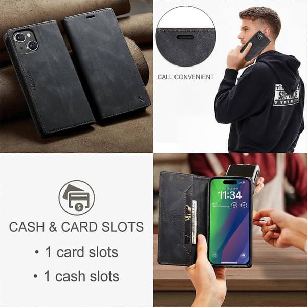 Covers Wallet Etui til iPhone 15 AUTSPACE A01 Læder Stand Etui med RFID-blokerende Kortholder - Sort-Perfet