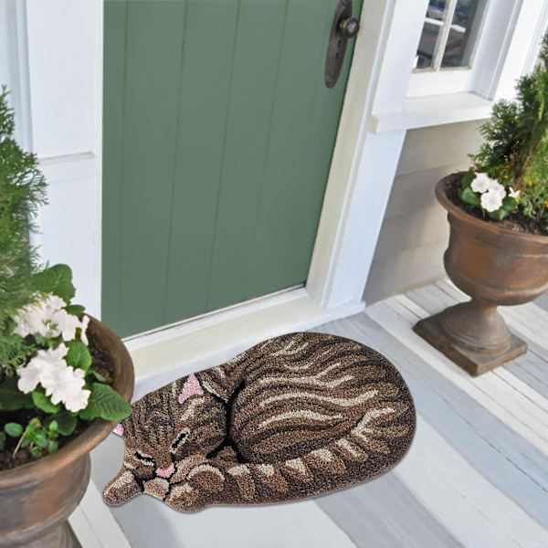 Kattematte, dørmatte, trykt med et sovende tabby kattemønster brown 60*32CM