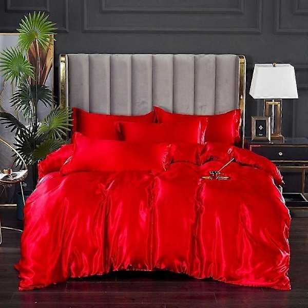 Minglan ensfarget sengetøy i imitert silke, eksklusivt sateng sengetøy dynetrekk putevar fire-delt sett - Perfekt red 150x200cm 4pcs