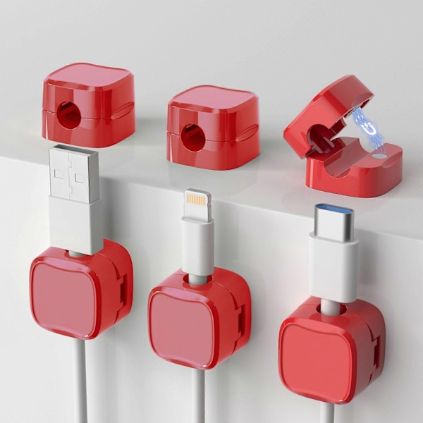 Magnetisk ledningsorganisator, 6 stk. magnetiske kabelklemmer, selvklebende kabelhåndtering lader ledningsholderklemmer for nattbord skrivebord - Perfekt Red