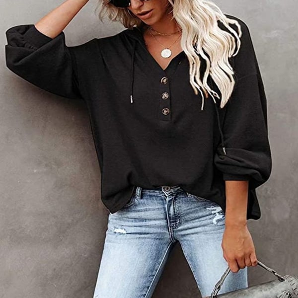 Hettegenser for kvinner Tenåringstopper Vendbar Oversize Pullover-Sort - Perfet L
