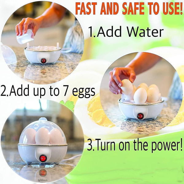 Sähköinen munakattilakone Pehmeä, keskikova tai kova kiehuva, 7 munan kapasiteetti, meluton tekniikka, automaattinen sammutus, valkoinen munaleikkurilla
