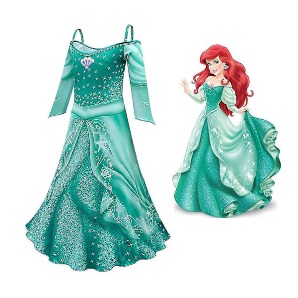 Piges Langærmet Klassisk Havfrue Ariel Cosplay Kjole til Halloween Karneval Fest - Perfekt Green 110 cm