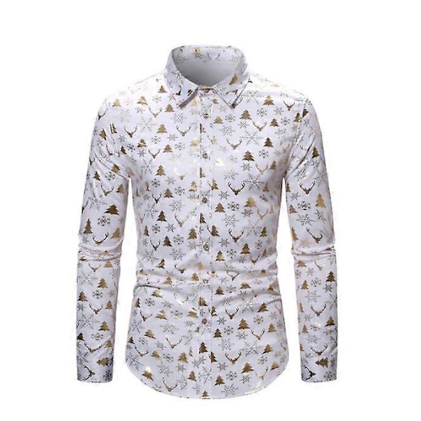 Herrar Business Casual Långärmad Skjorta Glimmande Guldträdälg Tryck Julskjorta-Perfekt white M