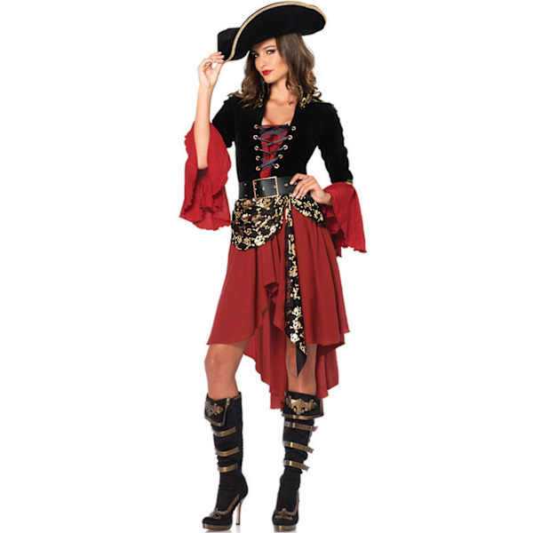 Naisten 3 osainen Cruel Seas Pirate Captain -mekkoasu, jossa on kiinnitetty vyö, vyö, hattu, musta/burgundi - Perfet S