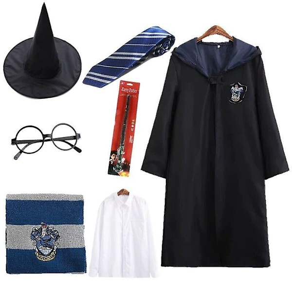 7-delad magisk trollkarl Harry Potter Cosplay-klänning med kappa, Hogwarts-skolkostym - Perfekt 7Pcs Blue Aldut XL