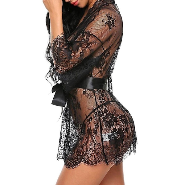 Naisten pitsikimono-aamutakki Babydoll-alusasupuku Verkkoyöpaita-Perfet BLACK XL