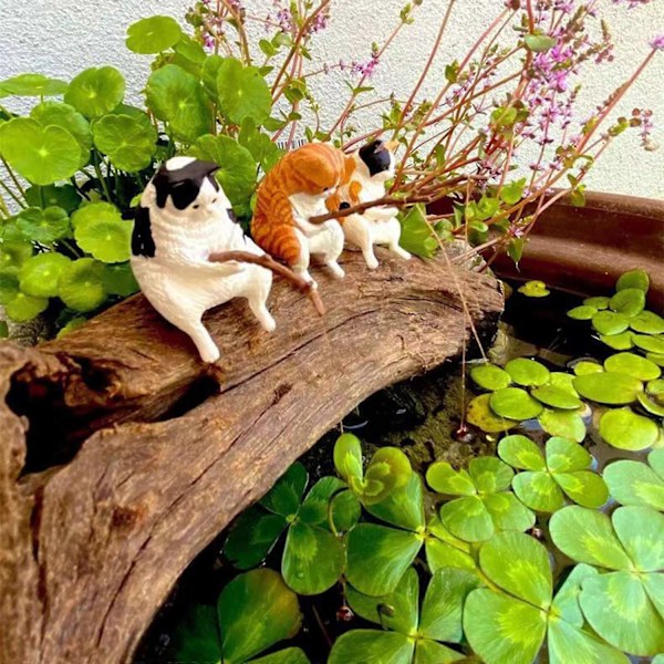 Fiskande Katt Ornament Akvarium Dekoration Akvarium Landskapsarkitektur Tecknad Katt Staty Mini Resin Figurin Hemdekorationer-Perfet style two