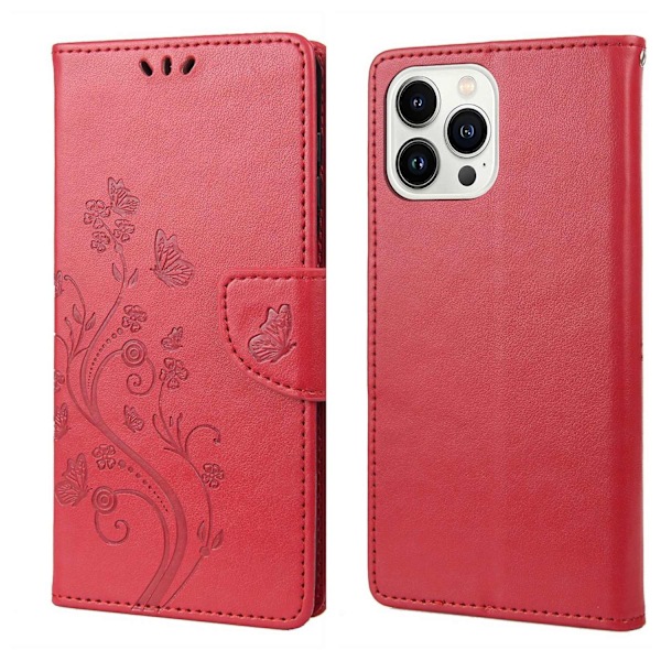 Butterfly Flower PU -kotelo, yhteensopiva iPhone 14 Pro-Perfetin kanssa Red