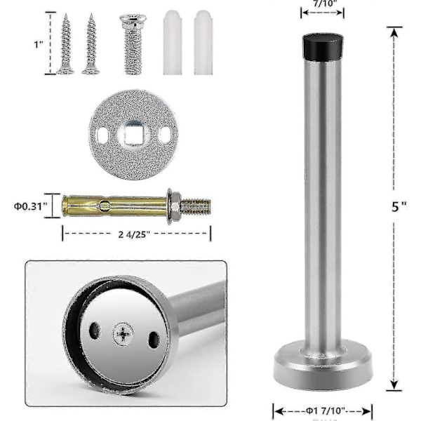 Dörrstopp, 15 cm Lång Dörrstopp, Väggmonterad, Tunga Solid Svart Dörrstopp Borstad Rostfritt Stål med Mjuk Gummibump - Perfekt Silver 5 Inch