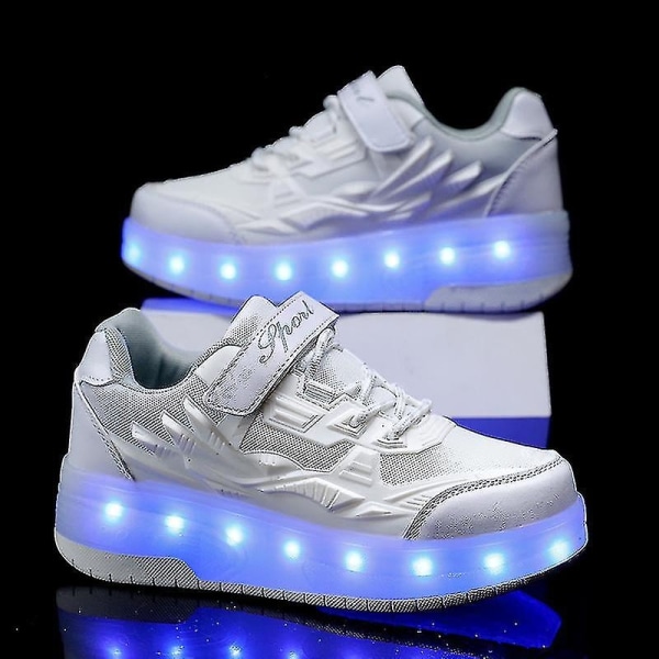 Childrens Sneakers Double Wheel Shoes Led Light Shoes Q7-yky - Perfet White 32