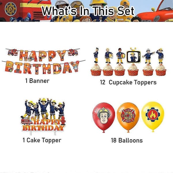 Brannmann Sam Tema Bursdagsfest Dekorasjoner Utstyr Ballonger Banner Kaketopper Sett - Perfekt