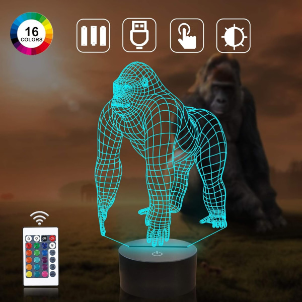 Gorilla 3D Night Light LED Illusion holografinen valo 16 väriä vaihtuu kaukosäätimellä, - Perfet