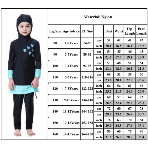 Barn Flickor Burkini Badkläder Heltäckande Cover Badkar - Perfet Black 160cm