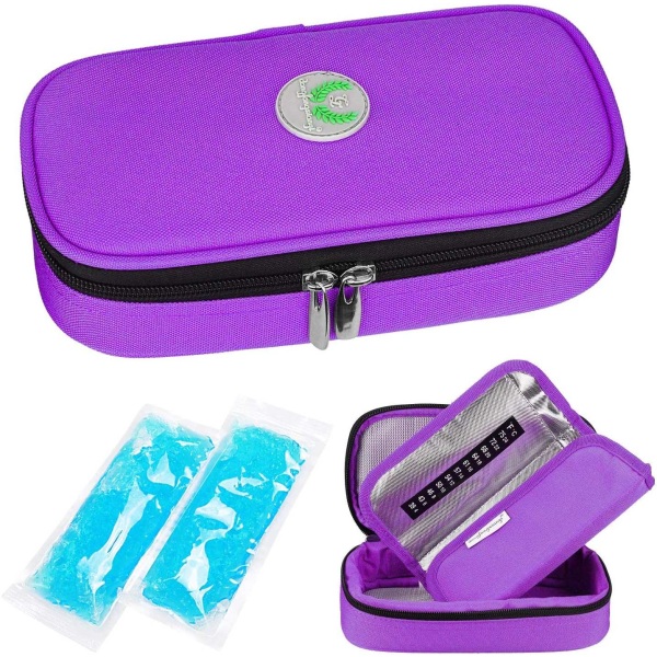 Insulin køletaske Diabetes taske - Medicin Diabetes isoleret bærbar køletaske med 2 isposer (lilla) - Perfet