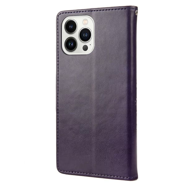 Butterfly Flower PU Etui Kompatibelt med iPhone 14 Pro-Perfet Deep Purple