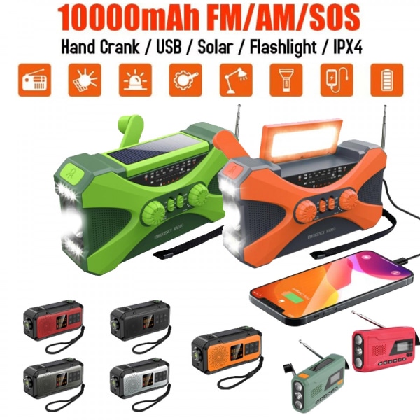 10000mAh Handvev Nödradio - Solar Handvev Radios Campingprylar Överlevnadsutrustning- Perfet green