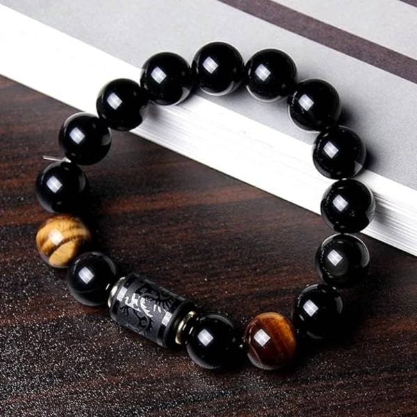 Obsidian armbånd Stone Bead Armbånd Tiger Eye Armbånd Herre 12mm Dragon and Phoenix Totem Armbånd - Perfet