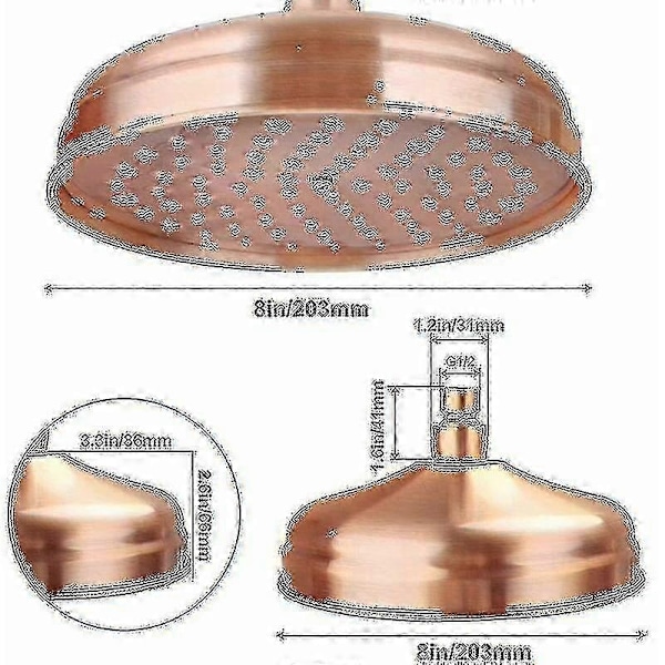 Dusjhode i kobber, 20 cm (8 tommer) diameter, høytrykks fast dusjhode med justerbar vinkel dusjhode regndusjhode - Gull - Perfekt