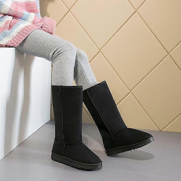 Klassiska damkängor knähöga vintervarma tjocksulor långa stövlar damrund tå mid-tube svarta mockastövlar - perfekt Black 39