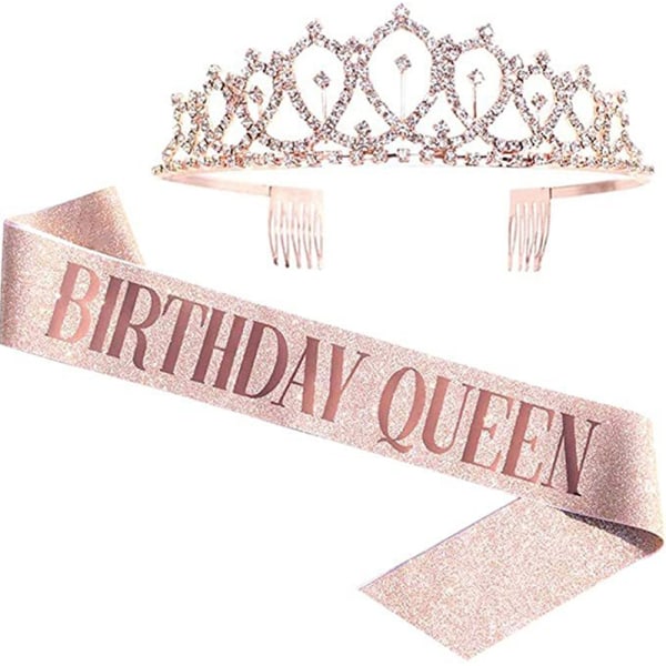 1 sett Bling Rhinestone Crown Tiara Sash Bursdagsjubileumspar - Perfet Rose Gold BIRTHDAY QUEEN