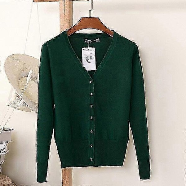 Afslappet Cardigan Sweater til Kvinder Efterår Vinter Kvinder Ensfarvet V-hals Langærmet Plus Størrelse Strikket Sweater Frakke Hæklet-Perfet Color A002 Dark green XL