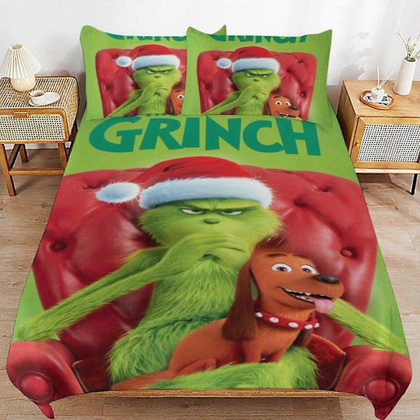 Grinch Sengesæt Dynebetræk Komfortabelt og Let Tegneserie Sengetøj 3 Dele Sengesæt Twin (1 Dynebetræk og 2 Pudebetræk-Perfekt 135x200cm 53x78in