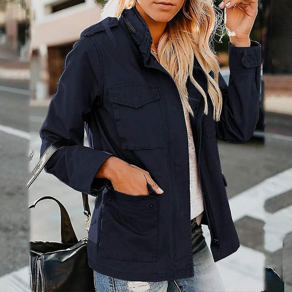Ilitary-jakke med trykknapp for kvinner Streetwear Høstfrakk Lang Sl - Perfet Mörkblå M
