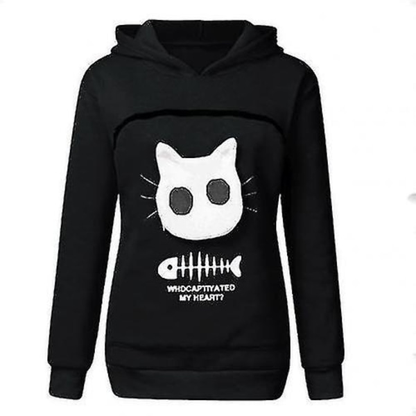 Tröja för kattälskare - Hoodie med känguruficka för hundar och husdjur, tassmotiv, mysig ficka, djuröron, huva - Perfekt Black M