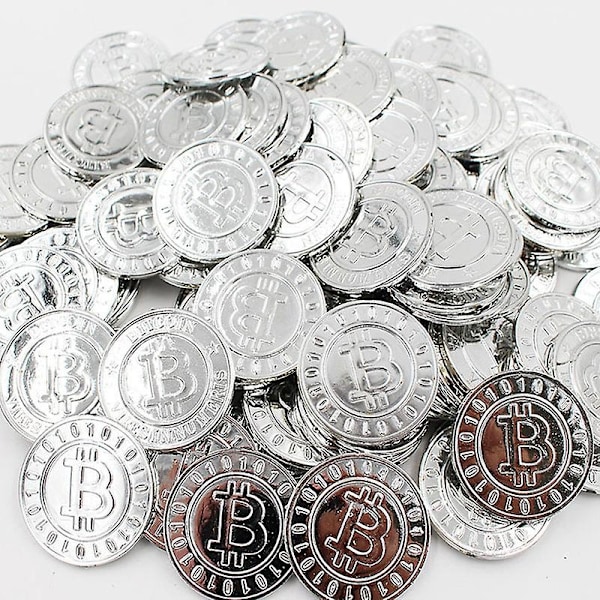 50 stk Plast Bitcoin Gull Skattmynter Kaptein Piratfest Piratskattkiste Barn Skattkiste Mynt Leke Penger-Perfet silver 100 pcs
