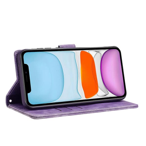 för iPhone 11 Läderfodral WANLONFENG HDM-serien Mandala Prägling Plånboksställ Telefonskal - Perfekt Purple