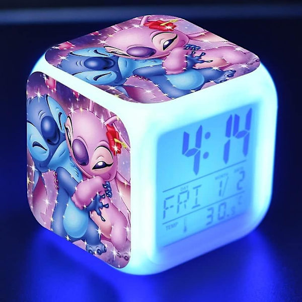 Stitch Anime LED Digital Väckarklocka för Flickor - Söt Storlek, 8cm, 3 tum, 7 Färgbyten, Temperatur, Perfekt för Flickors Sovrum(13)-Perfekt 34
