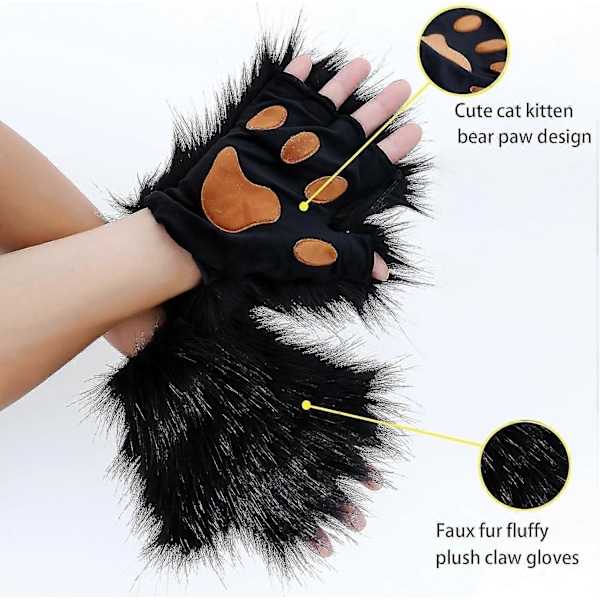 Tekokarvainen Ketun Hännän Kissan Susi Cosplay-Pukusetti Pehmoinen Naamio Nukkainen Kynsihanskat Halloween Joulu - Täydellinen Black
