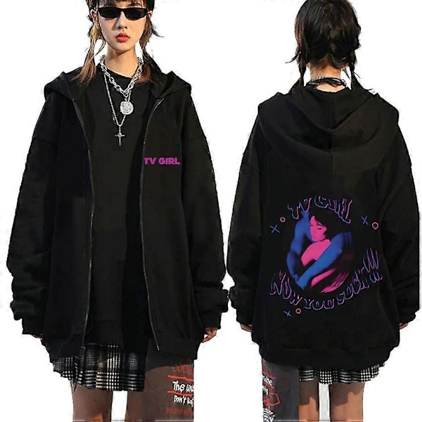 TV Girl Who Really Cares Grafisk Print Lynlås Hættetrøje Mænd Kvinder Mode Casual Oversized Lynlås Jakke Herre Fleece Sweatshirts-Perfet LLM-Black-R0638 S